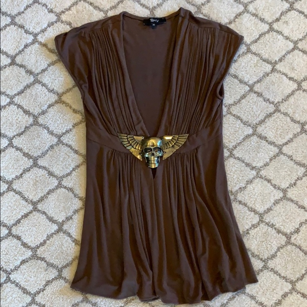 Sky Brown V-Neck Top with Winged Skull Accent FINAL MARKDOWN